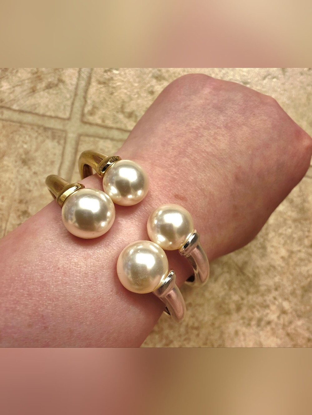 Elegant Pearl-Top Open Cuff Bracelet 2 Tone